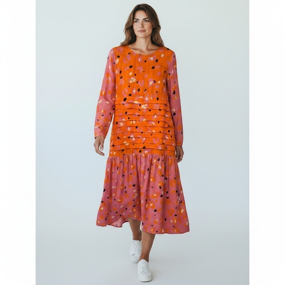 Never Fully Dressed Anthropologie Midi Dress 12 Orange Abstract Leopard FLAW
